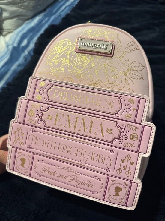 Loungefly Handbags - Loungefly Pink Jane Austen Stacked Book Mini Backpack with Gold Accents